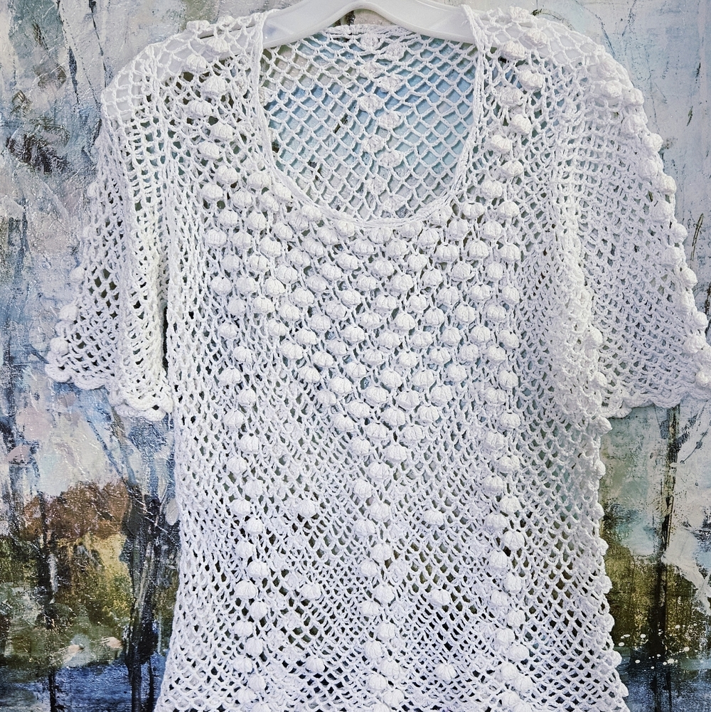 Handmade Boho White Cotton Open Knit Popcorn Crochet Blouse Short Sleeve W's XS